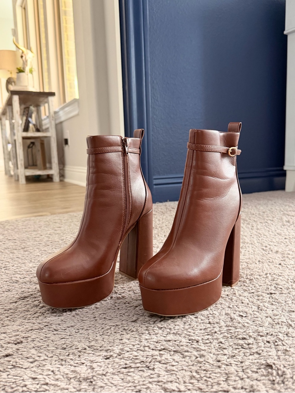 Chunky Brown Platform Ankle Boots with Side Zip